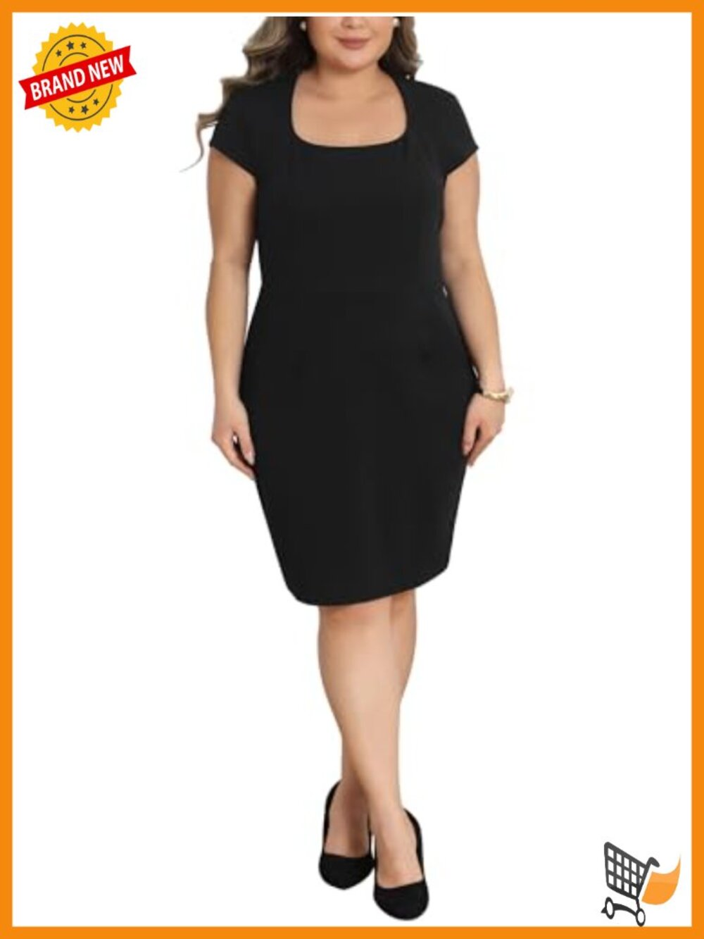 Plus Size Sheath Pencil Dress Square Neck Cap Sleeve Work Midi